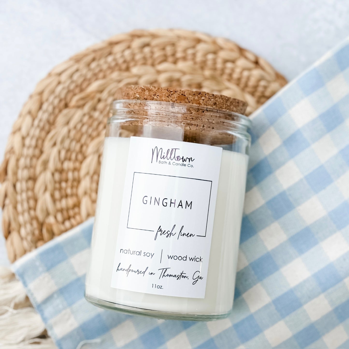 Gingham 100% Natural Soy Wax Wood Wick Candle Thomaston, GA