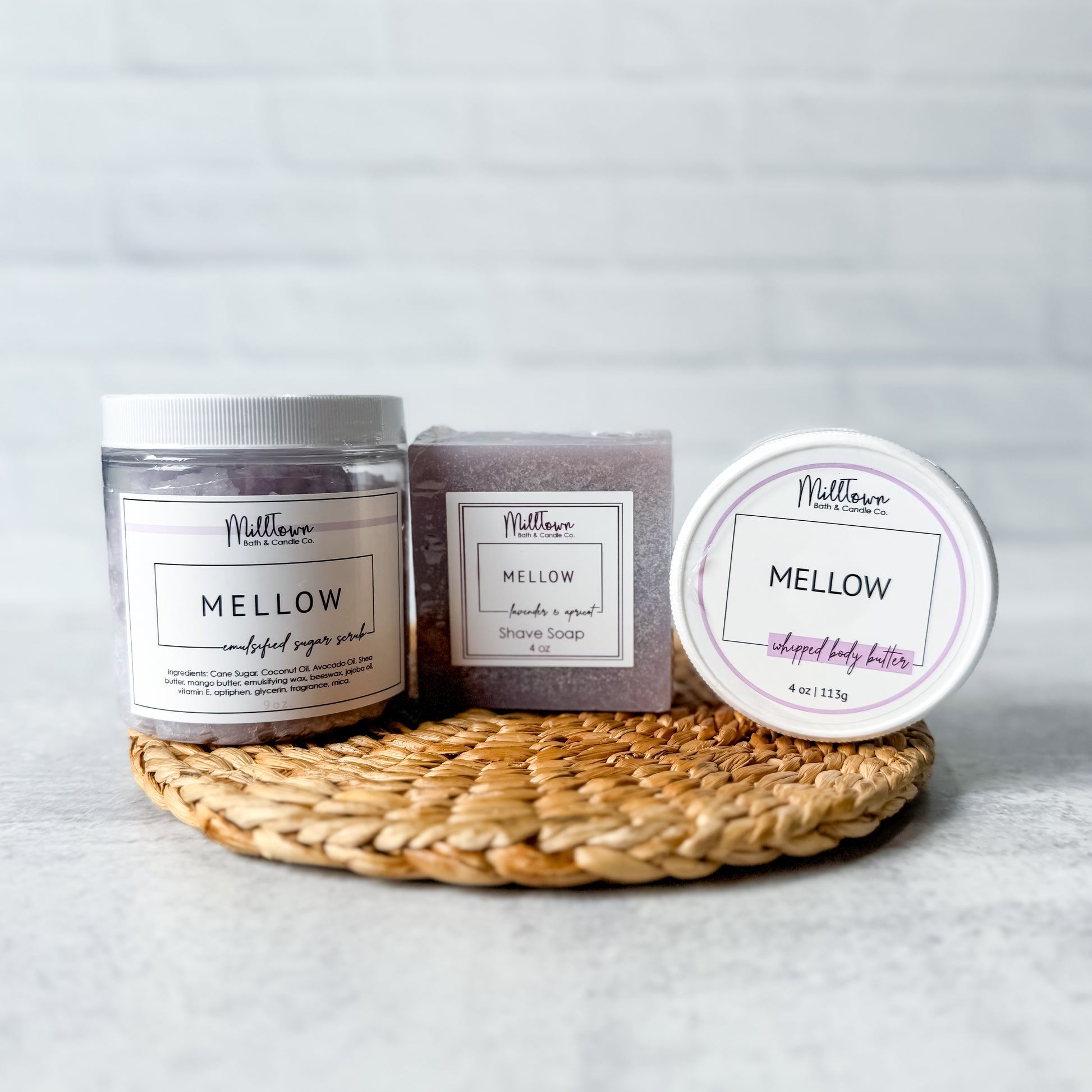 Three Mellow products on a woven mat with a gray background, Thomaston, GA